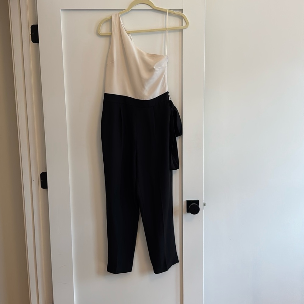 Banana Republic Black White Novelty One Shoulder Crop Jumpsuit